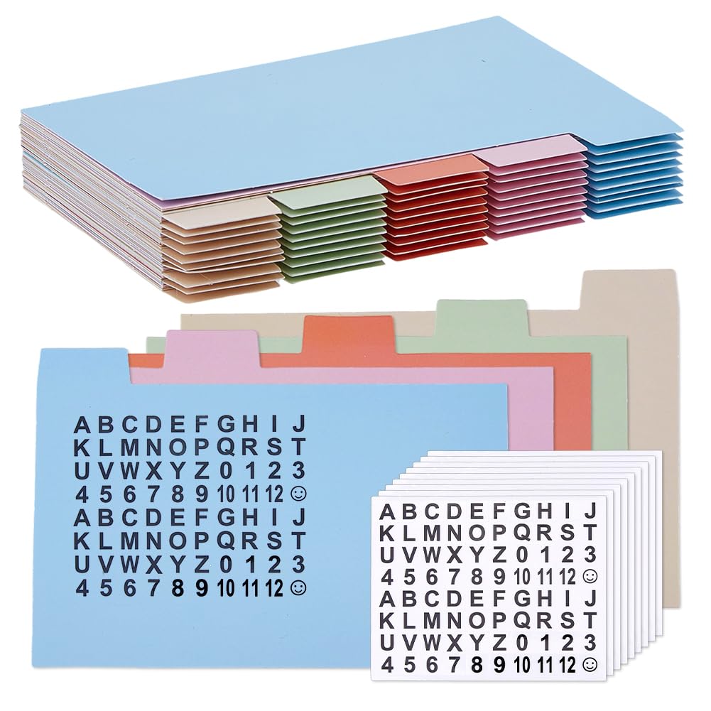SUPERFINDINGS 50PCS Index Card Dividers 5x3.4 Index Card Guides with Tabs File Guides Dividers with 20 Sheets Number Alphabet Stickers Paper Cards Divider for Cards Categorization and Management