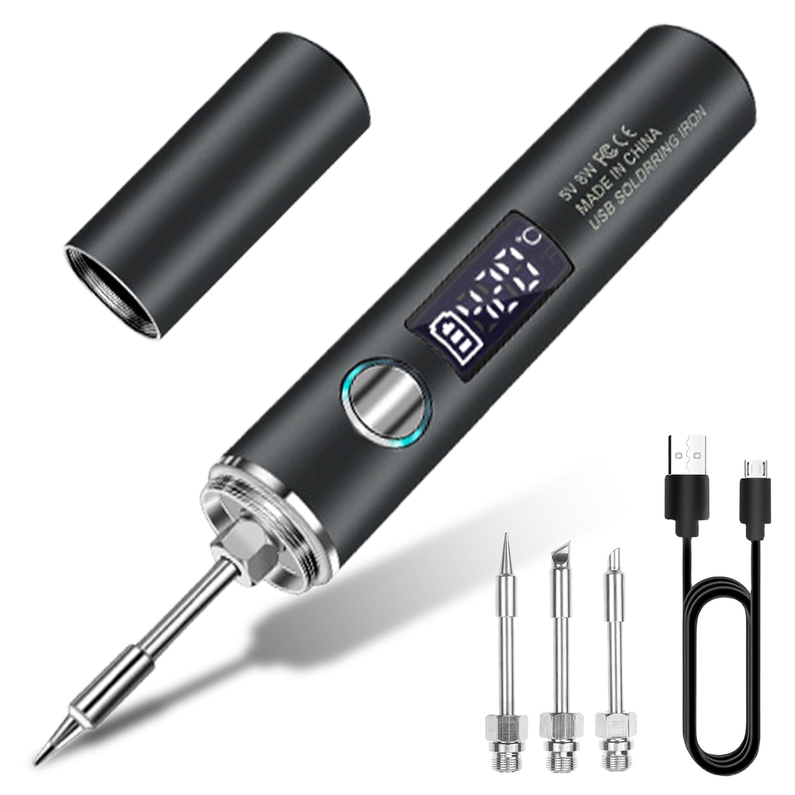 Kit de fer à souder sans fil, portable, rechargeable par USB, avec mode d'éclairage, LCD et 2 pointes interchangeables, 8 W, 5 températures réglables (260 ℃ à 420 ℃) pour réparer le soudage