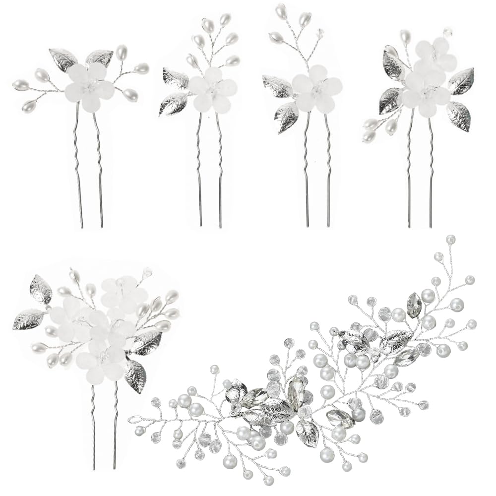 Zasvec Tocados de Novia para el Pelo 6 piezas Adorno Pelo Novia Accesorios para Cabello Novia Vines Flor Hoja Tocados Horquillas Pelo Mujer para Boda Fiesta Velada Plata
