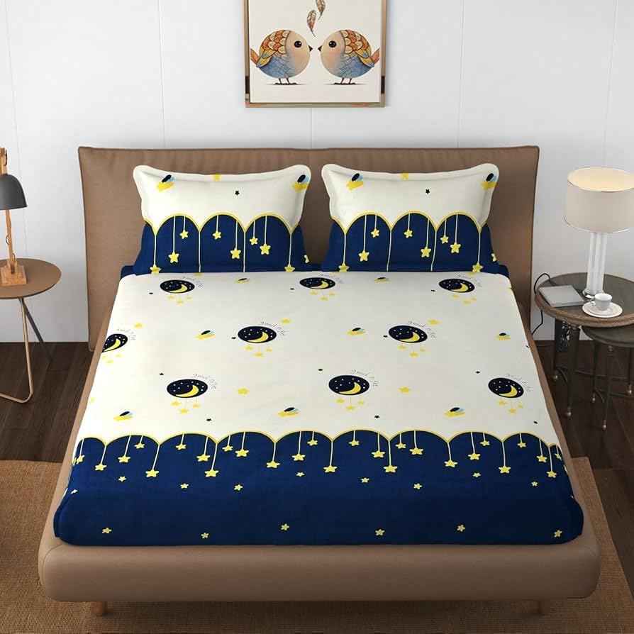 Image of KAWI Poly Cotton Elastic Fitted Queen Size Bedsheet (Fits Upto 78 inchX 72 inchX 6 inch mattresses) Moon Stars Print