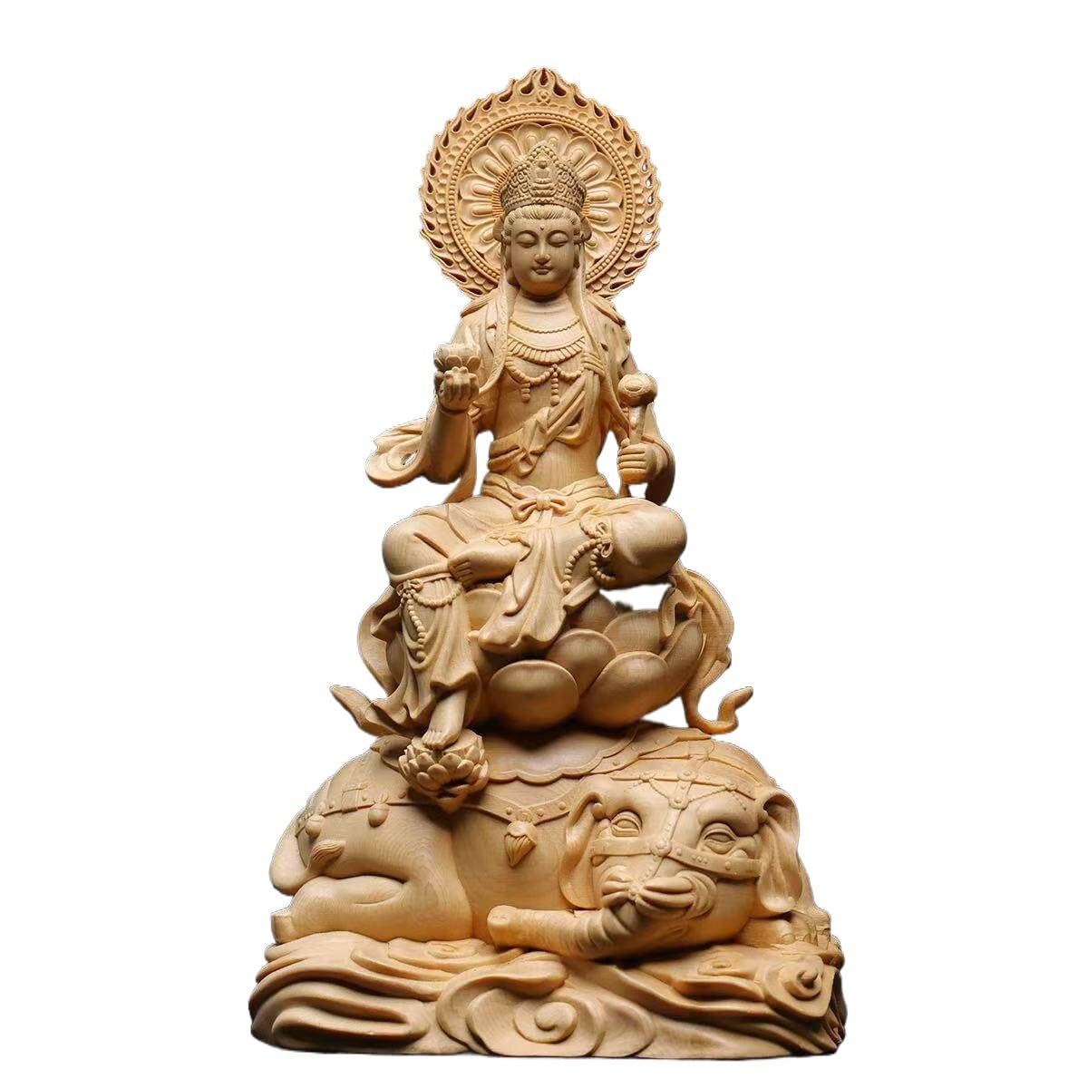 Amazon｜桧木精彫 文殊菩薩＋普賢菩薩 仏像 高さ26cm – 木彫り 十二支