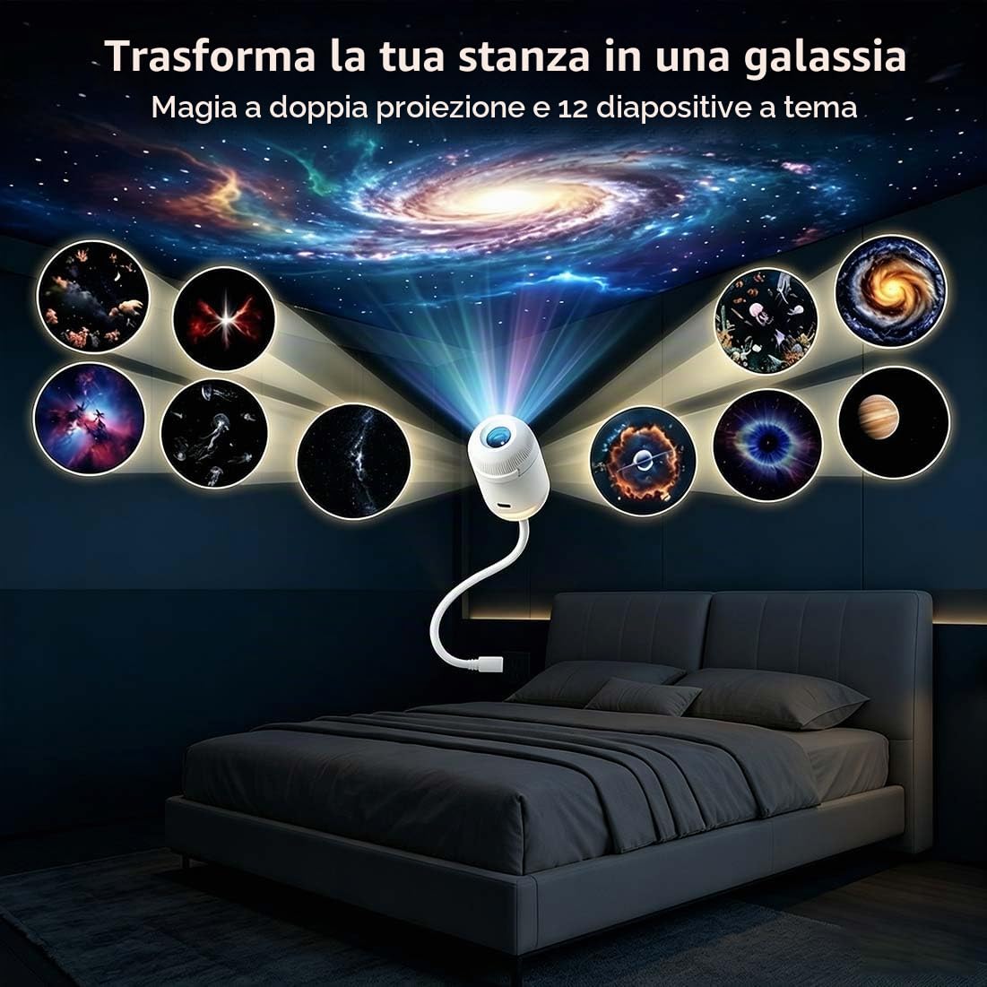 Proiettore galassia 2 in 1 con luce notturna, con 3/6/12 pellicole scorrevoli, per luce portatile USB con cielo stellato, rotazione a 360°, con luminosità dimmerabile per camera da letto. (12pcs)