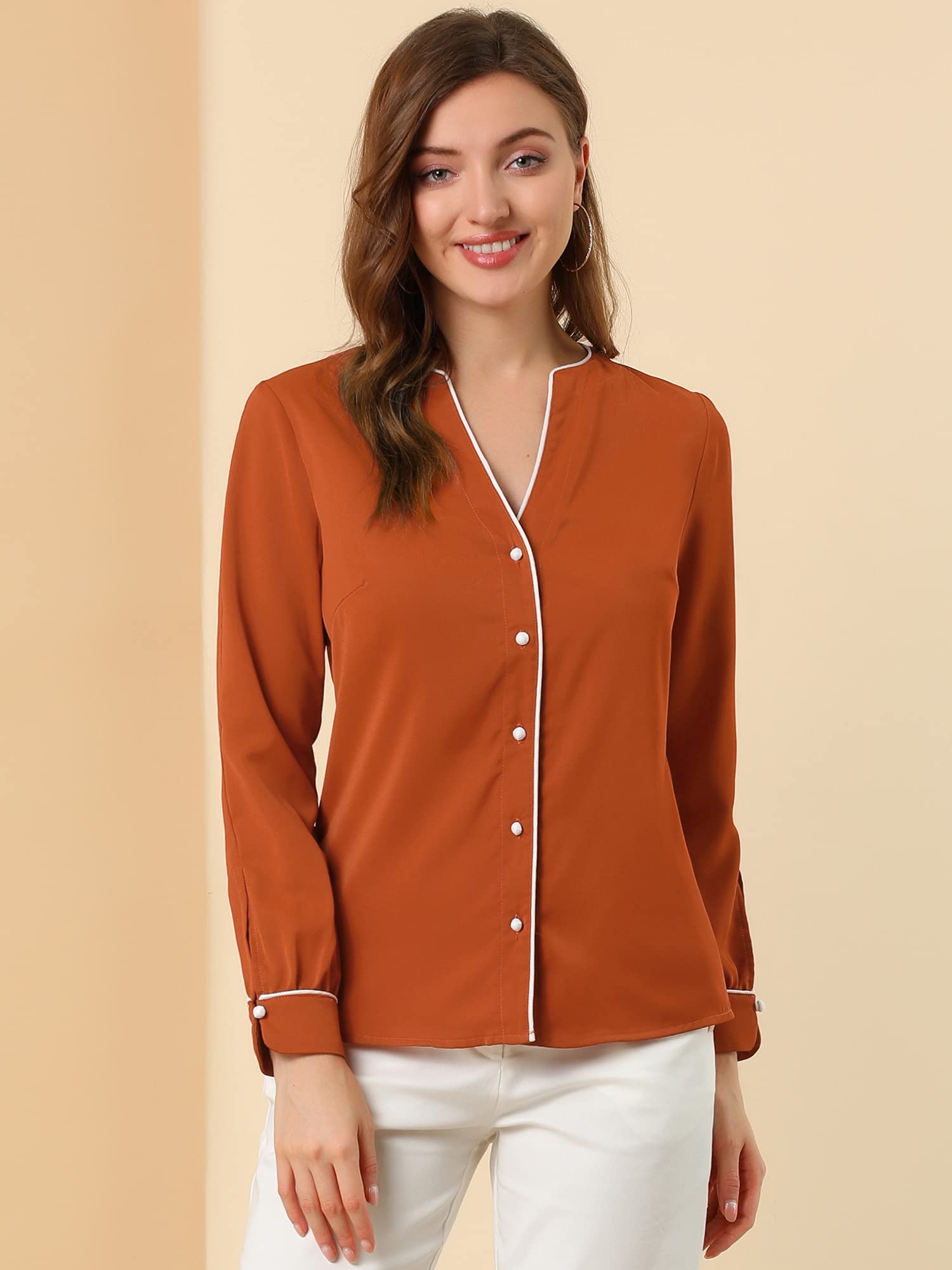 Allegra K Femme Blouse Col V Contrast Piped Manches Longues Boutonnée | Boutonnée devant Galon Contrasté Tissu Texturé Non Doublée Style Facile avec Jean ou Tenue de Soirée