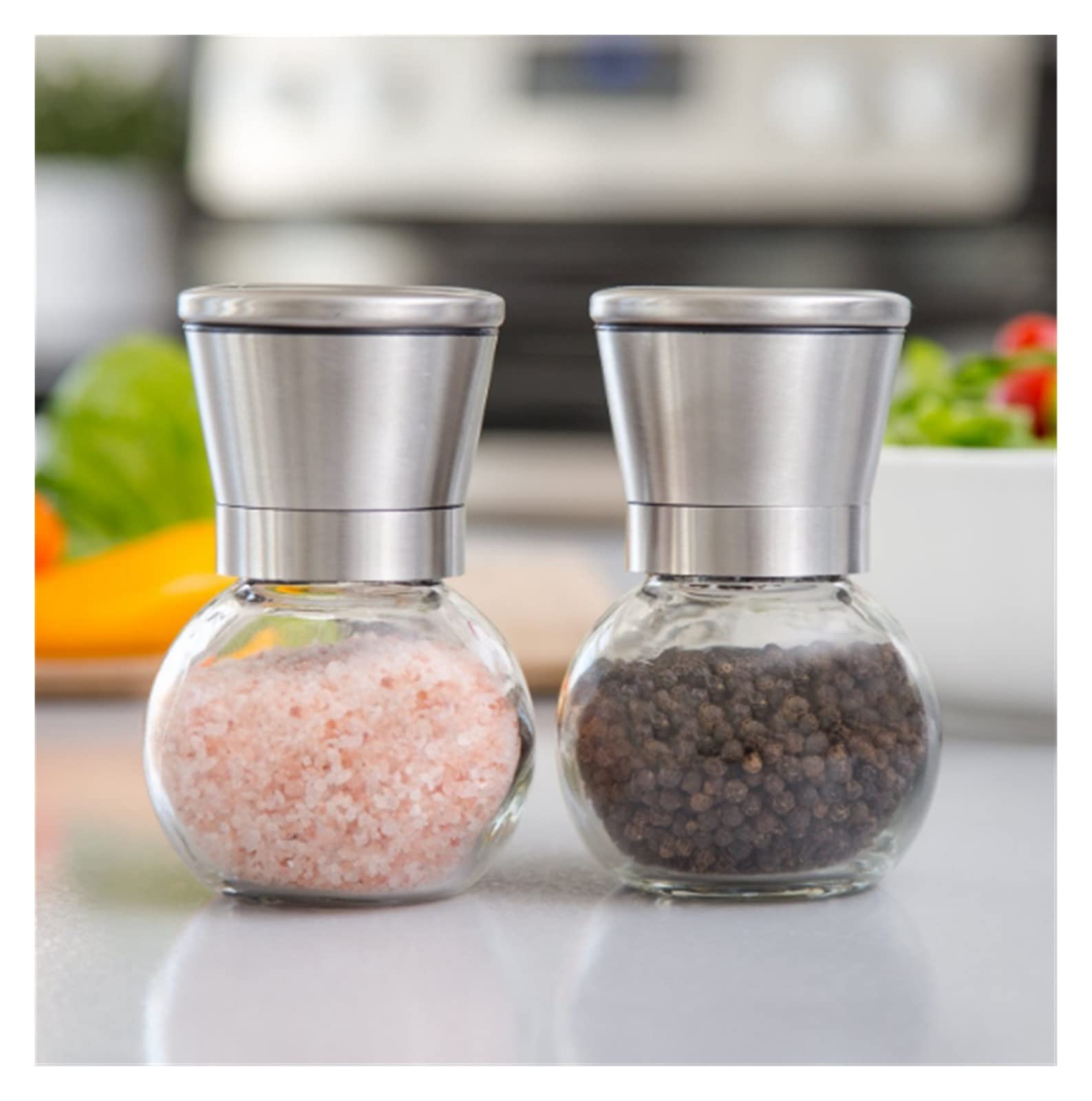 Saleros De Cocina Molinillo De Pimienta Acero Inoxidable Cepillado Y Rotor Cerámica Ajustable Cuerpo Redondo Vidrio para Sal Molinillo Pimienta