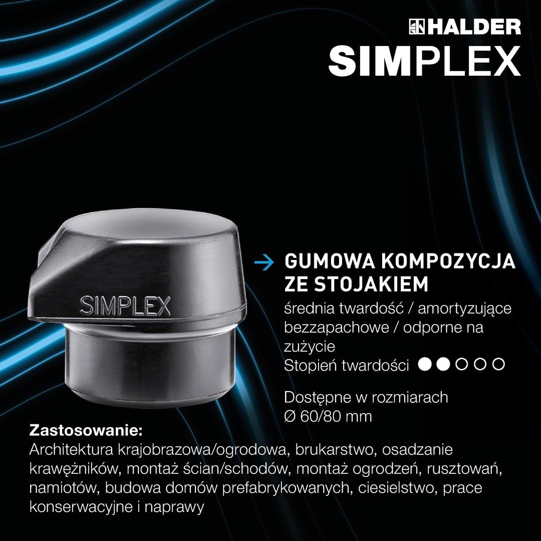 Simplex 3027.282 młotek ochronny, kompozycja gumowa, z podstawką/superplastik; z obudową z żeliwa ciągliwego i wysokiej jakości bardzo krótkim drewnianym trzonkiem | śr. = 80 mm/wersja trzonka =