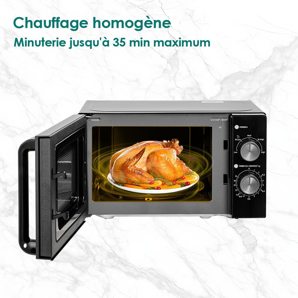 Micro-ondes 20L, Noir, Micro onde 700W, 5 Niveaux de Puissance, Chauffage Uniforme, Minuterie 35min, Compact Facile à Utiliser pour Décongélation et Chauffage Quotidien