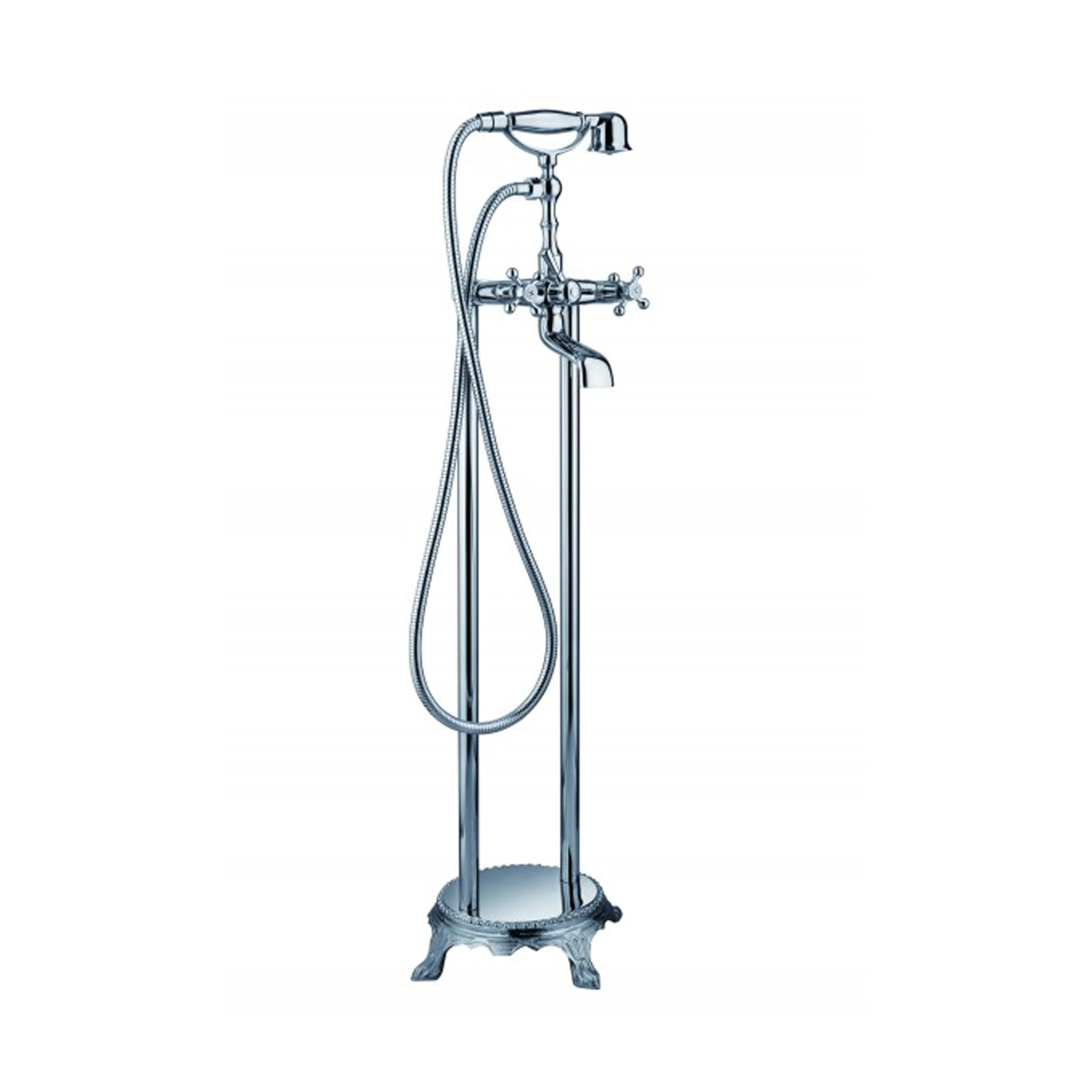 BERNSTEIN - Robinet mitigeur de baignoire, Robinet de bain sur pied rond en laiton design rétro et esthétique avec douchette - 103x30x30cm - Chrome - flexible 1,5m, faible bruit, 2 robinets - 1414