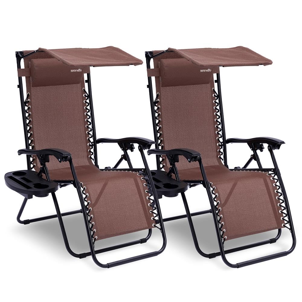 SereneLife Zero Gravity Lounge Chair, Adjustable Steel Mesh Recliners, with Removable Pillows and Cup Holder Trays, Side Tables, Set of 2, Brown