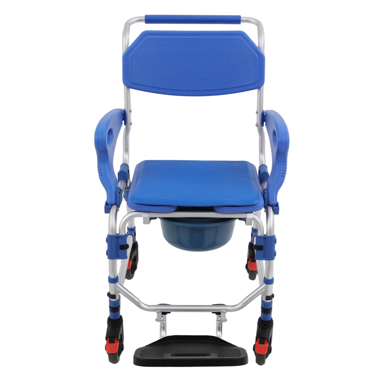 Silla de ducha plegable 2 en 1, silla de inodoro con ruedas con cazo y reposapiés plegable, silla de inodoro móvil para pacientes mayores, discapacitados, embarazadas