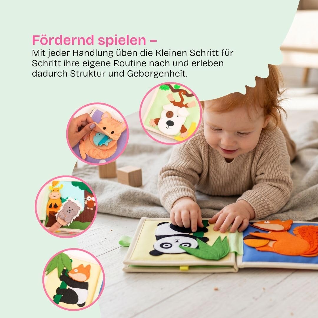 Jolly Designs – Tierfreunde - 6 Seiten Mini Quiet Book – Montessori Spielzeug ab 4 Monaten – Motorik & Sensorik fördern – Handgefertigtes Filzbuch – Lernspielzeug für Kleinkinder – Busy Book