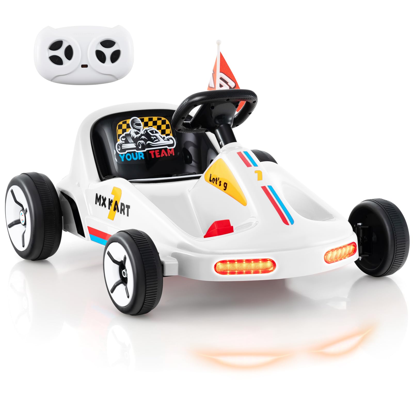 GYMAX 12V Electric Go Kart, Kids Battery Powered Car with Remote Control, Music, Story, Flags, Wireless Connection & Slow Start, Children Ride on Racing Go Kart for 3 Years Old+ Boys Girls (White)