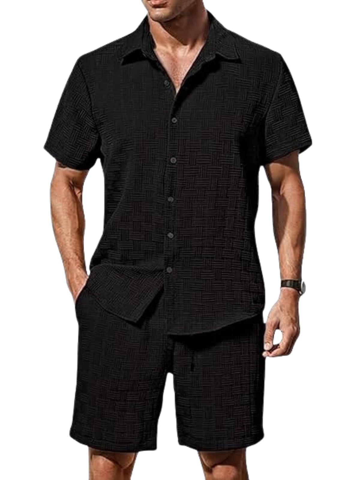 Men’S Summer Casual Two Piece Outfit, Textured Button Down Shirt and Shorts Set, Lightweight Poly Blend Co-Ord for Beach, Travel & Lounge Wear-image-39