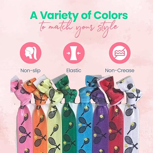 Miniatura 4 de SPORTYBELLA - Lazos para el pelo de tenis multicolores para niñas, elásticos sin arrugas con diseño de raqueta de tenis, ligas para cola de caballo