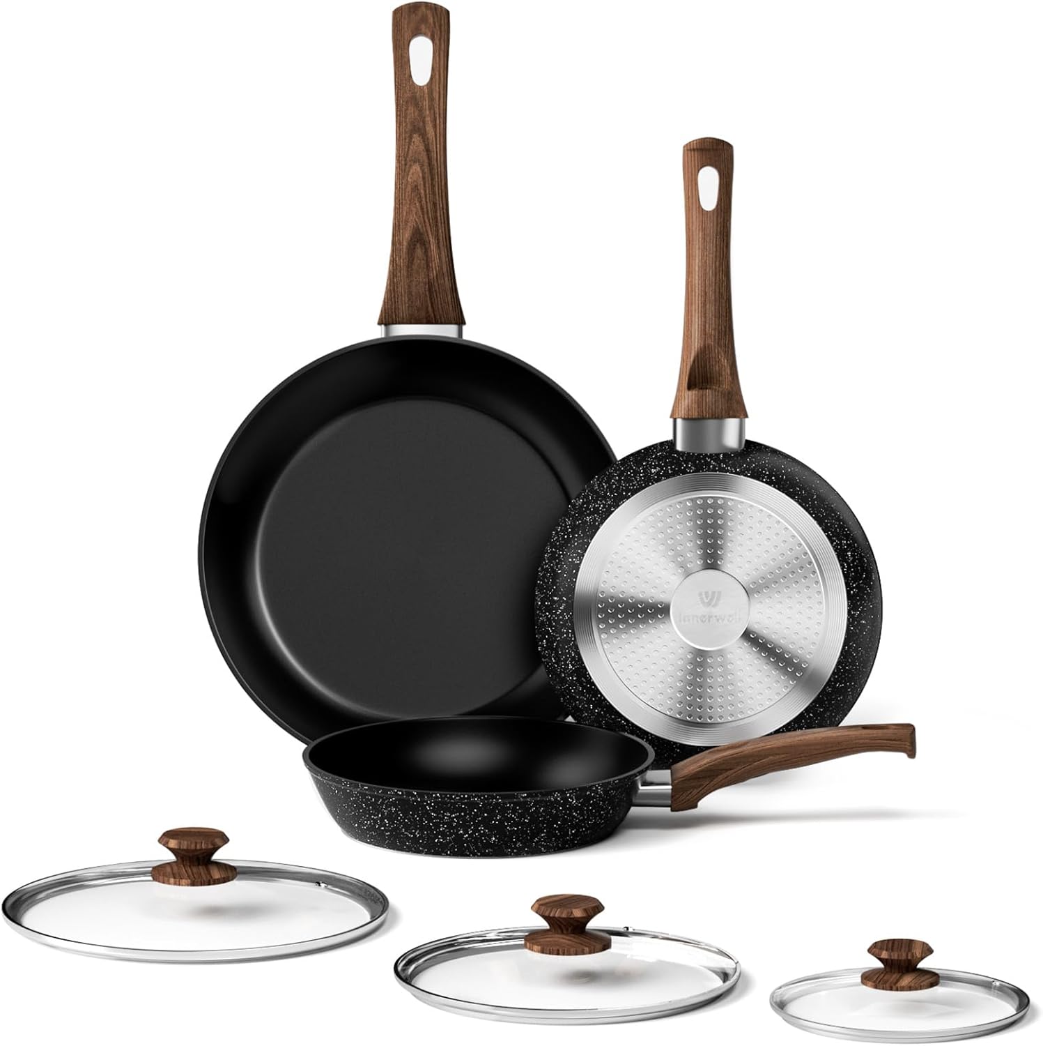 Frying Pan Set With Lids - Non Stick Frying Pans Set 3 Pcs, Nonstick Skillet Pans Set Egg Omelette Pan W/Lid, PFOA Free, Induction Non Toxic Cooking Black Pan Set Black-8Inch+9.5Inch+11Inch With Lid