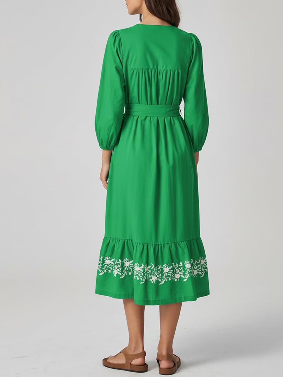 Women Spring Midi Dress 2026 Summer Dresses for Women Embroidered V-Neck 3/4 Sleeve A-Line Flowy Dress with Belt - Image 5