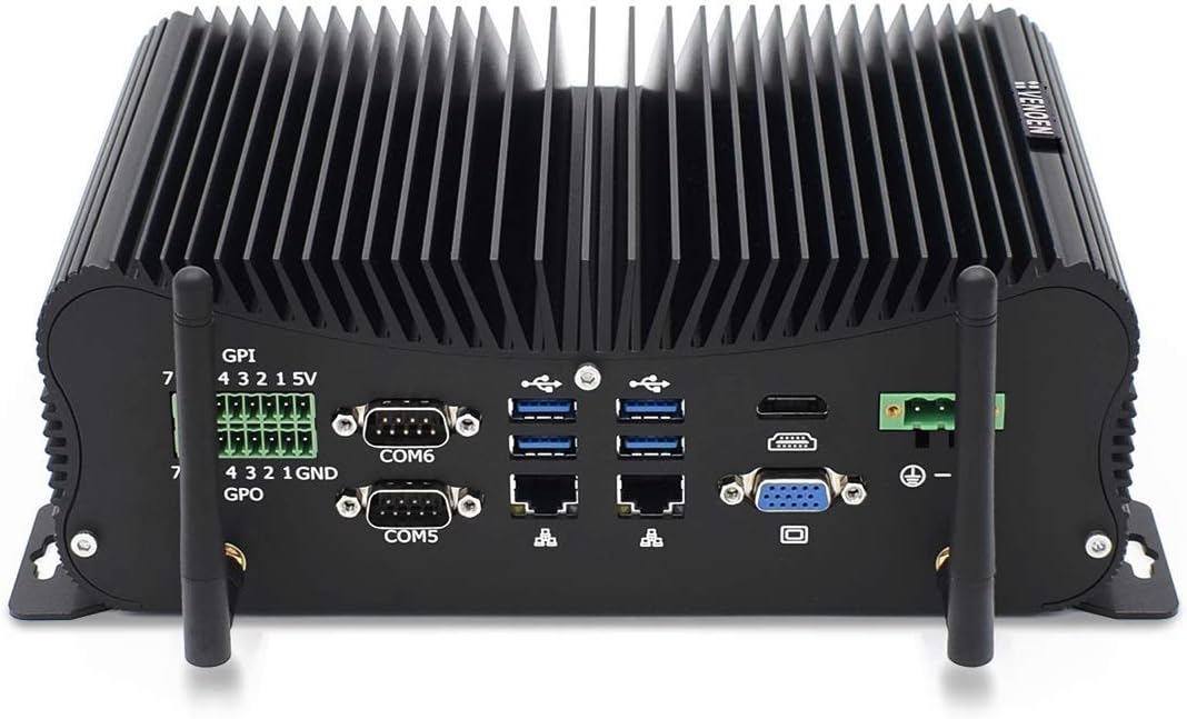 Fanless Industrial PC Mini Computer i7 8550U, 32GB RAM 1TB SSD Micro PC, 6*RS232/485 COM, HD/VGA 4K Dual Display, 2*RJ45 LAN, 6*USB, WiFi, BT 4.0, Win11 Pro Fanless mini PC Support Linux/Ubuntu