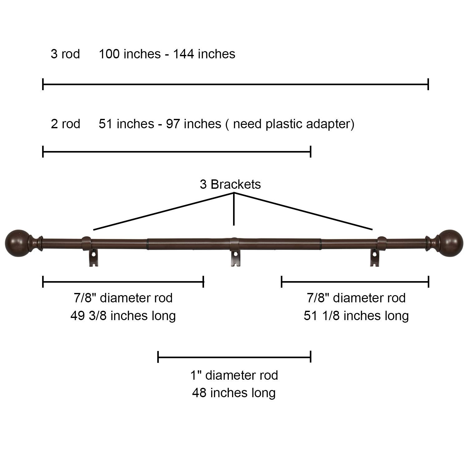 Kemmie Asta Per Tende Telescopica In Ferro, Finiture Bronzo, Da 182 A 365 Cm, Diametro 2,5 Cm, Con Terminali Rotondi E Staffe, Per Tende Pesanti
