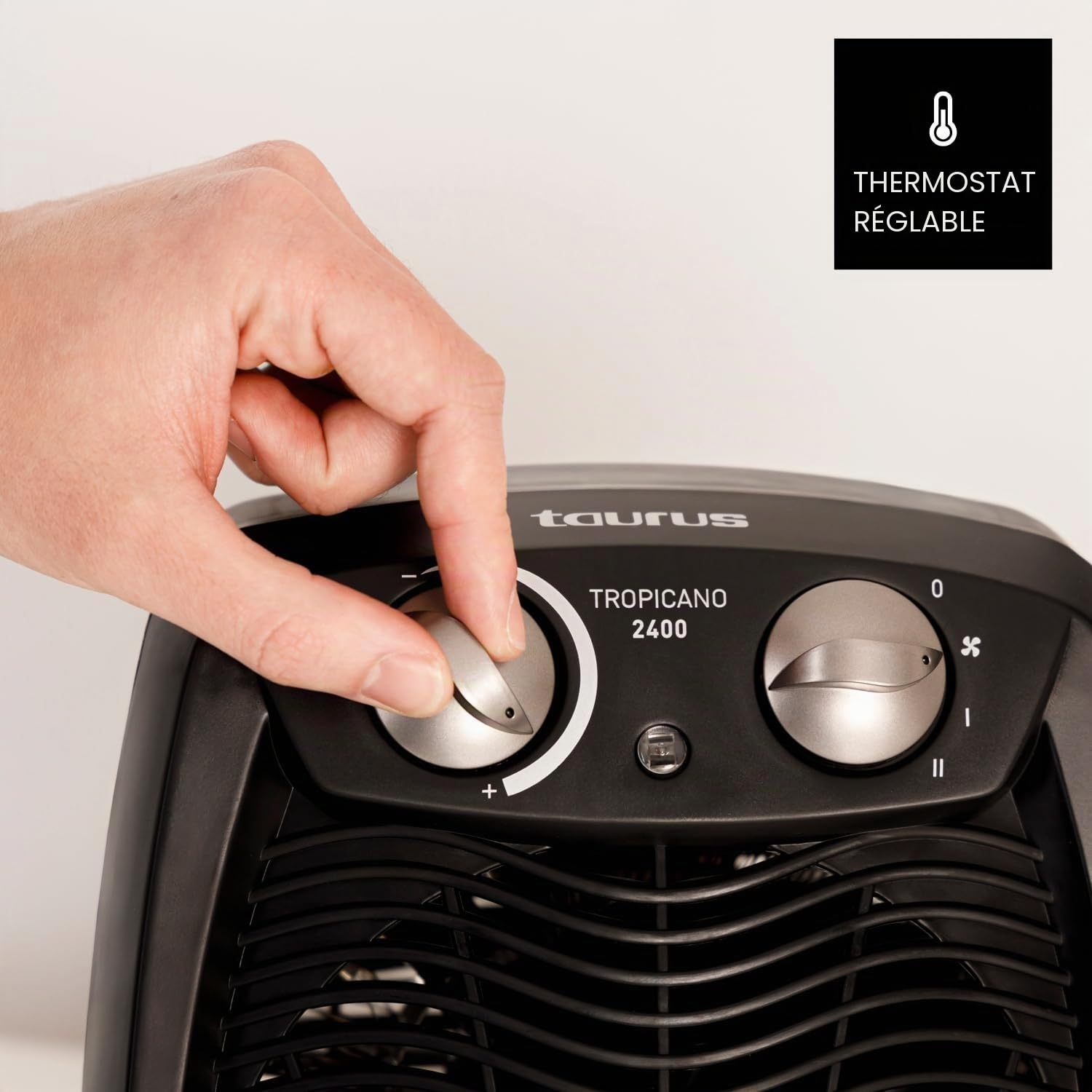 Taurus Tropicano 2400 - Radiateur soufflant 2400W, 3 positions froid/Chaud, Surface jusqu'à 24m2, Thermostat réglable, Fonction ventilateur, Témoin lumineux de fonctionnement, Noir