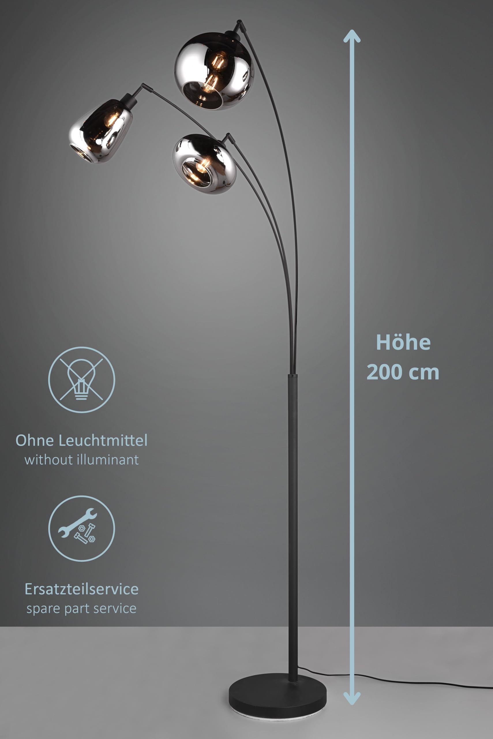 Ludmila Stehlampe, 3-flammige Stehleuchte für Wohnzimmer oder Schlafzimmer, Schirm aus Glas, Fußschalter, Höhe: 200 cm, Breite: 71 cm, Metall schwarz matt, exkl. 3 x E14, Max: 40W