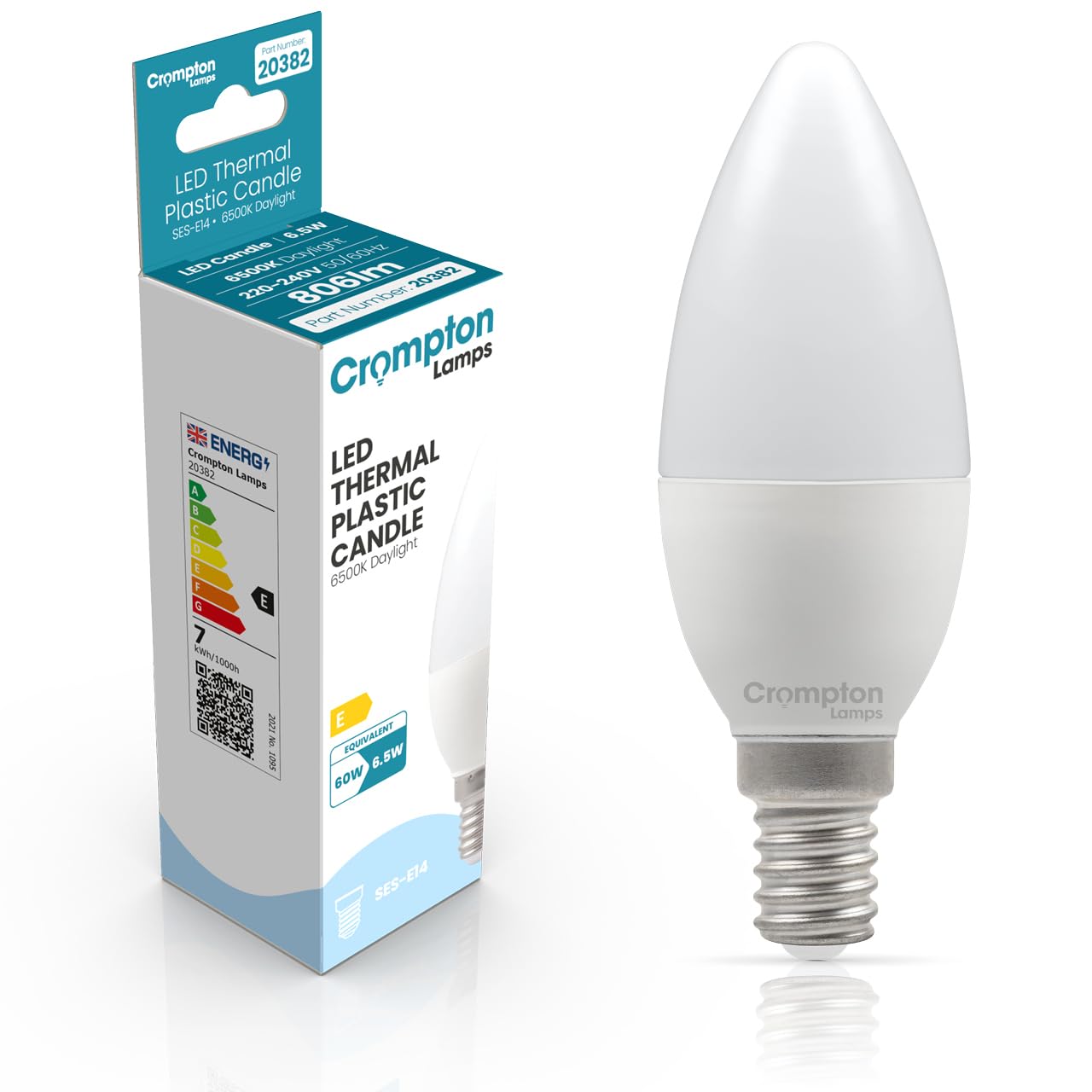 Crompton Lamps Candle LED E14 Bulb | 6.5W = 60W Equivalent | Daylight 6500K | Energy Efficient | Small Screw Lightbulb | Long Life 15,000-Hrs | Bulbs for Lamps