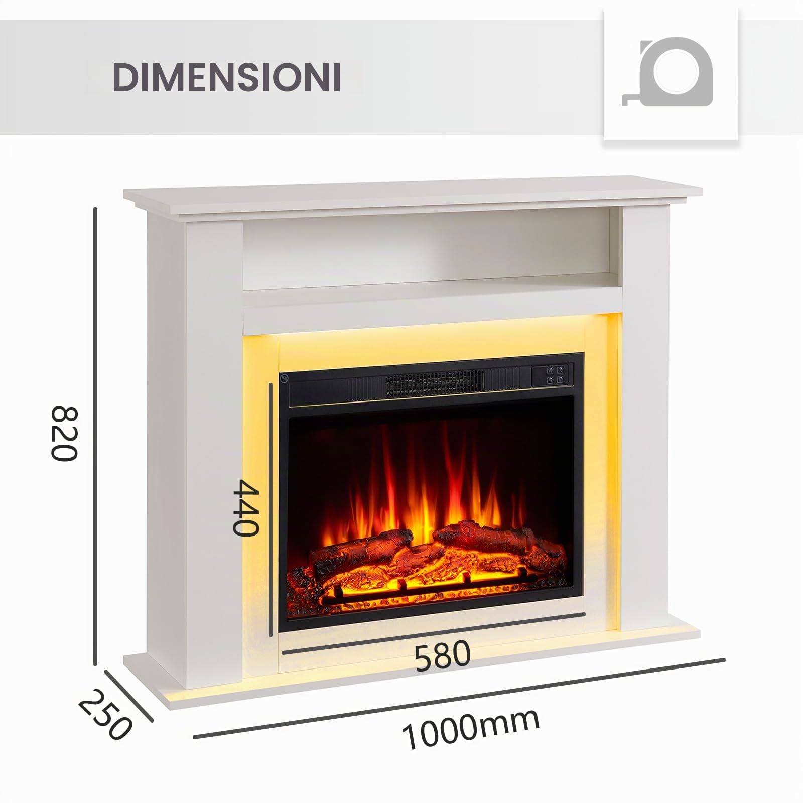 Camino elettrico BALDERIA Liora - Caminetto elettrico con vano portaoggetti, effetto fiamma 3D, illuminazione d'ambiente a LED, riscaldamento 2000W, timer, termostato, telecomando - Liora Bianco