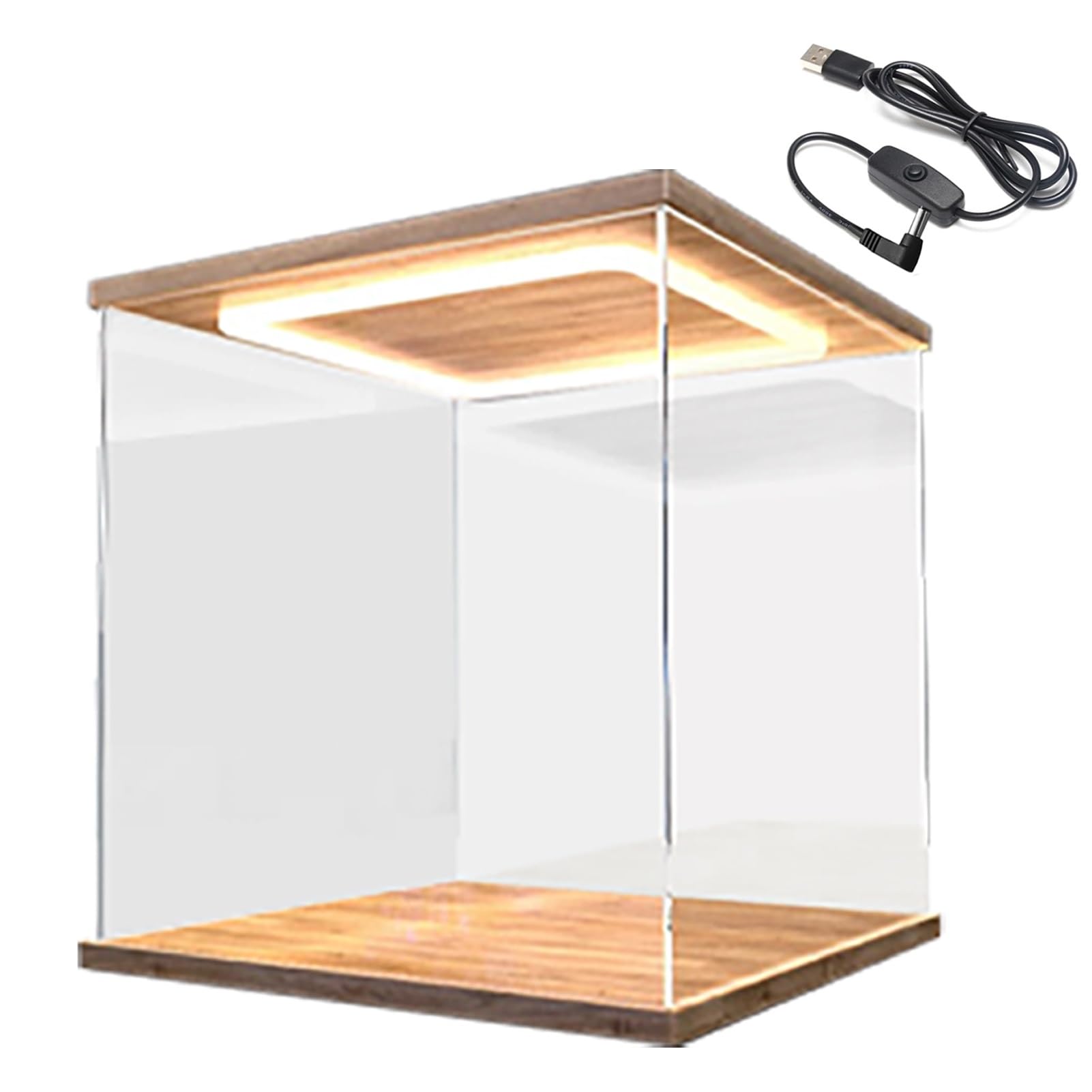 Vitrina Expositora Vitrina de Acrílico Transparente Iluminada, Caja de Almacenamiento para Encimera con Base de Madera y Plástico, Gabinete de Recolección de 10 15 20 25 30 35 40 50 60 Cm de Largo(20x