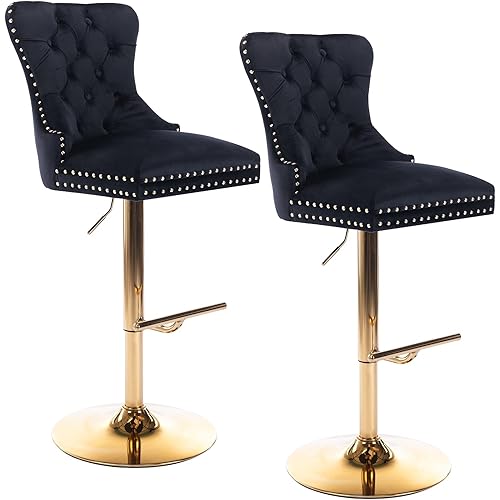 Velvet Bar Stools Swivel Counter Stools Modern Gold Barstools Upholstered Barstool Set Adjustable Height for Home Kitchen Bar Club, Black-2PCS