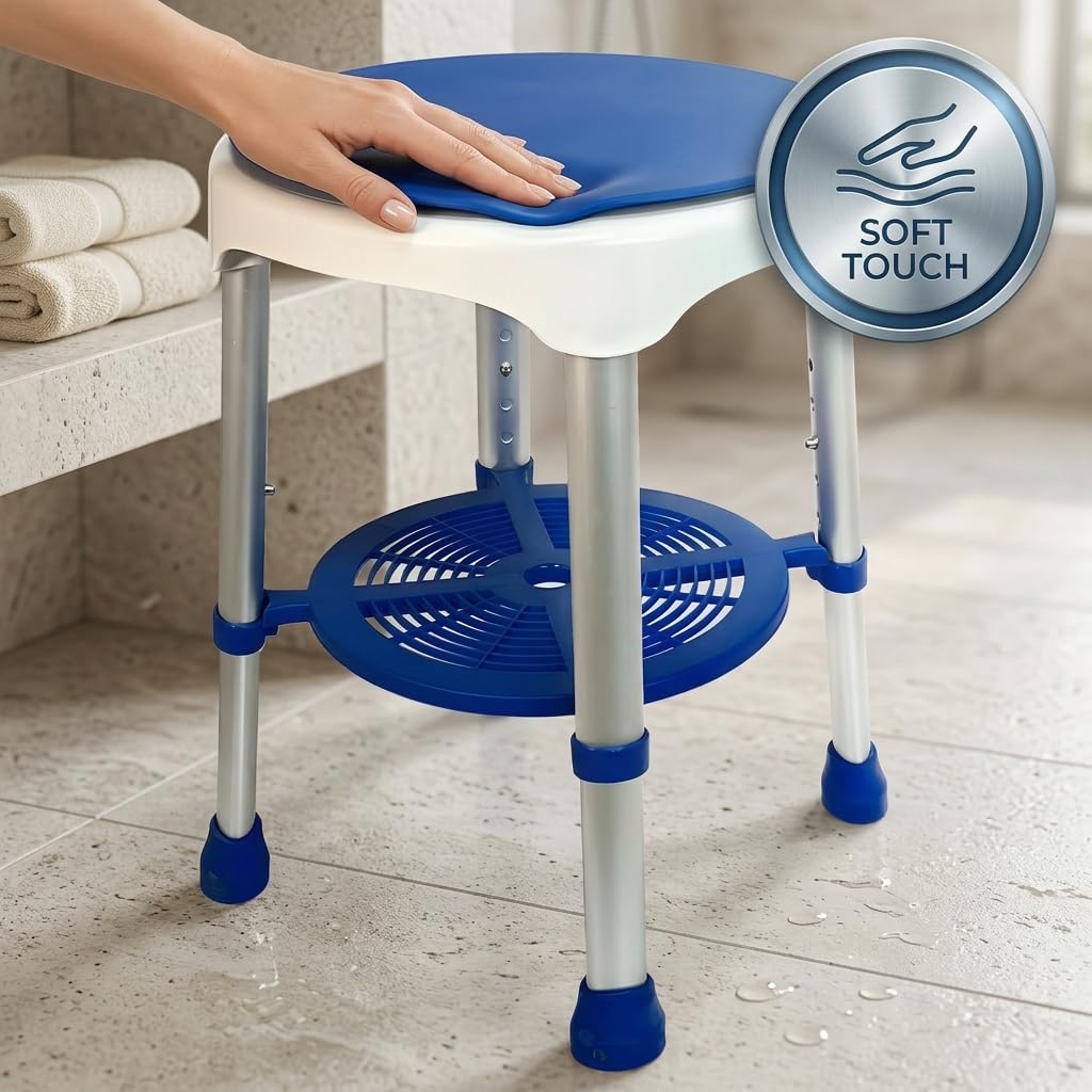 Sgabello da Doccia girevole a 360° con Cuscino Antibatterico e Ripiano Portaoggetti, con Altezza Regolabile per Anziani e Disabili Bianco