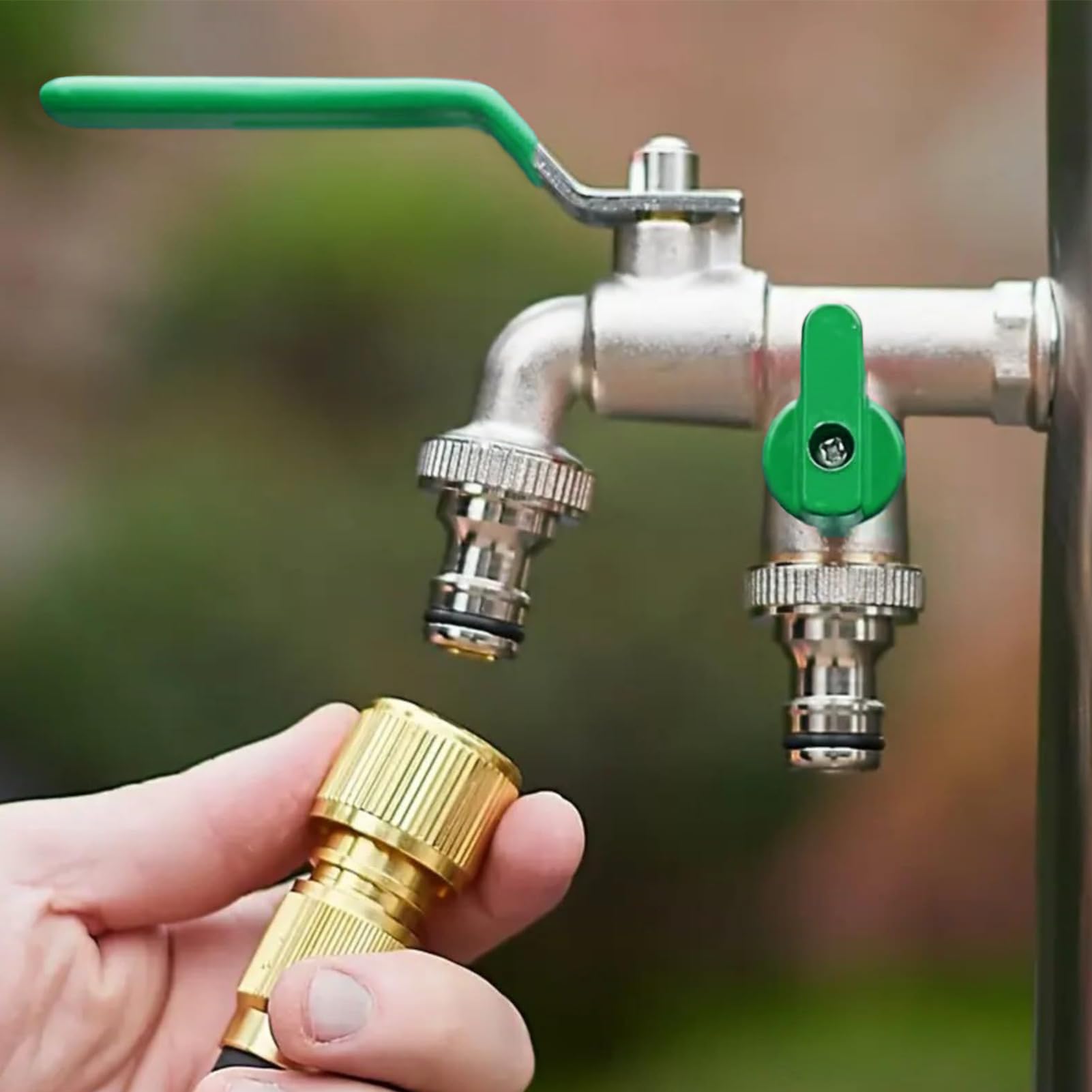 Gartenschlauch-Zweifach-Splitter Gartenhahn Mit Doppelauslass Zapfhahn Verteiler Adapter Mit Ventilen - Rostbeständige Metallbewässerungsteile Für Garten Camping Gewächshaus Auto Waschen