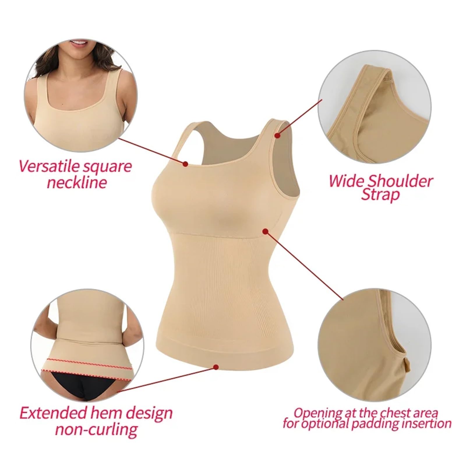 Camiseta Reductora Mujer Camisola sin Costuras, Chaleco de compresión, Control de Abdomen, Moldeador de Cintura, Ropa Interior, Camiseta sin Mangas con Cuello Cuadrado(Khaki,M)