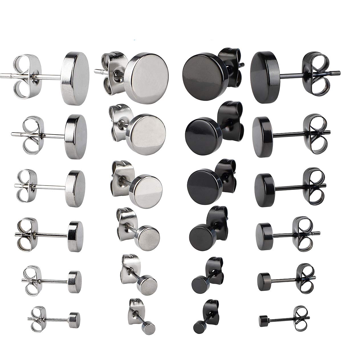 Chudian 12 Pares Pendientes de Acero Inoxidable, Pendientes para Hombre Pendientes Redondos Negros Hombre Pendientes Pequeños Plata Aretes Populares Regalo Pareja San Valentín (3mm-8mm)