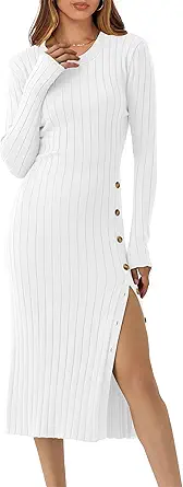 ANRABESS Womens 2025 Fall Long Sleeve Midi Dress Ribbed Knit Bodycon Fitted Button Down Wedding Guest Slit Sweater Dresses