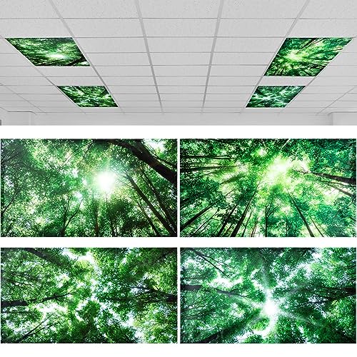 Image of ROCEEI Pack of 4 Fluorescent Light Covers for Ceiling Lights, 4 x 2 Ft, Magnetic Light Covers for Classroom Office Home School Ceiling Decor(Forest)