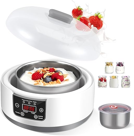 Probiotic Yogurt Maker with 5 Glass Jars and Stainless Steel Bowl, 1.2L Yogurt Machine with LED Display, Adjustable Temp & Timer, Electric Yogurt Machine for Homemade Making Organic,Natto,Fermentation