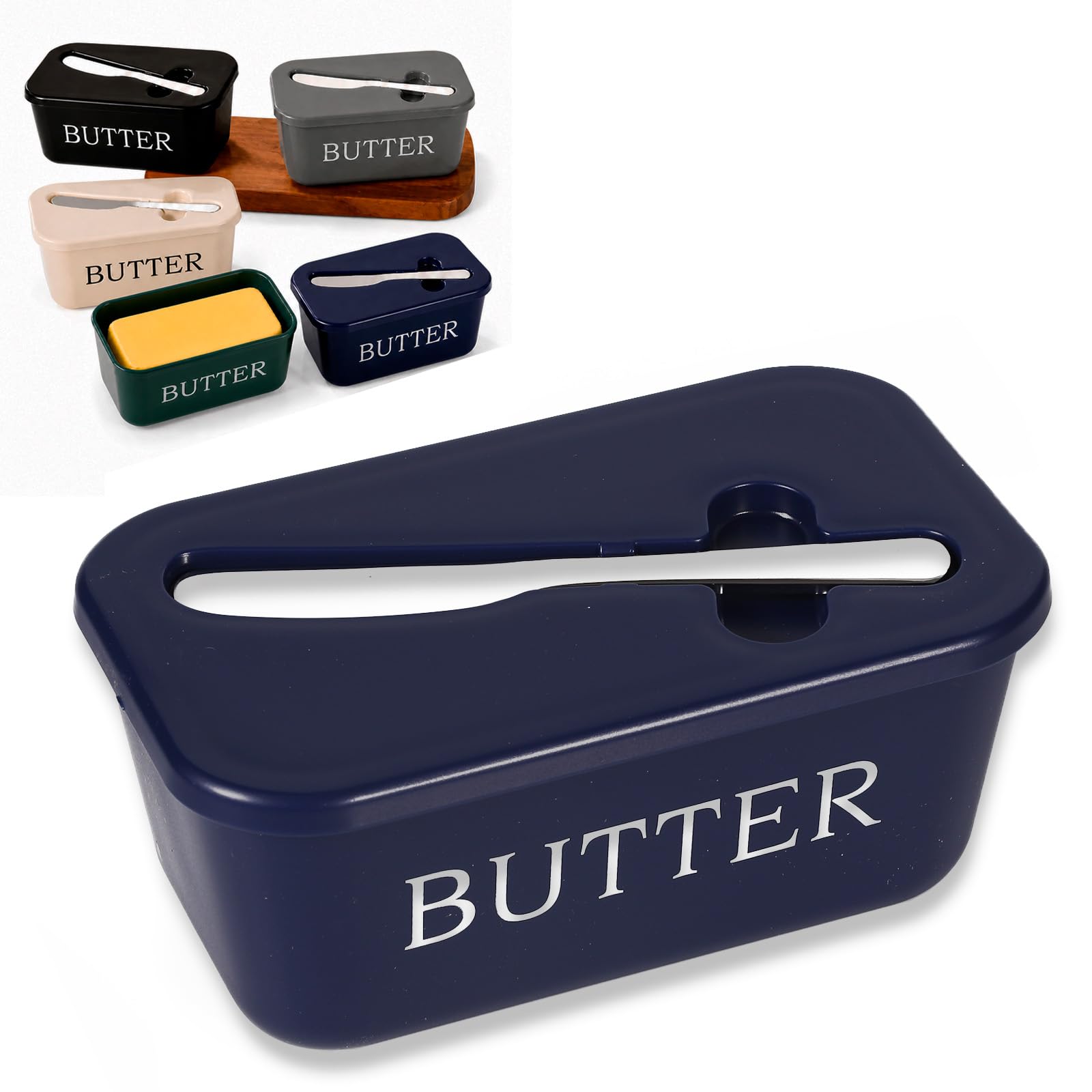 AURALIN Butter Dish with Lid and Spreader Knife, Premium Food-Grade Plastic Butter Keeper Container for Kitchen Worktop and Fridge, Large Blue Butter Holder for Daily Home Use (Blue)