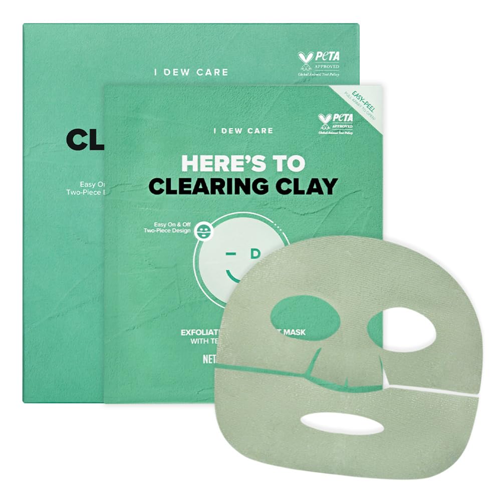 I DEW CARE Tea Tree Sheet Face Mask - Korean Skincare for Clearing and Calming Skin | Face Masks with 3-Clay Complex & Centella Asiatica, Hydrating Facial masks skincare, Sheet Mask for Women, 4EA