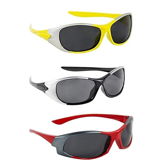 Dervin Kids Goggles Wrap Around Boys and Girls Sports Sunglasses - Combo of 3 (3-6 Years, Yellow, Black, Red)