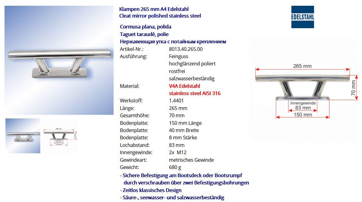 Klampen 265 mm A4 Edelstahl