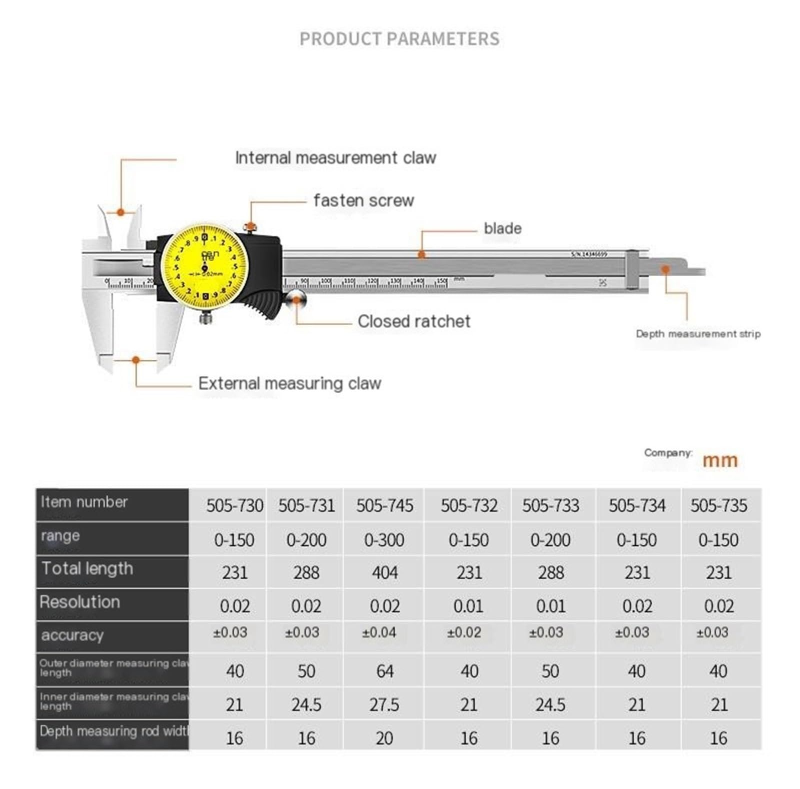 Calibradores Vernier con Tablas Calibradores de Acero Inoxidable Calibradores de Dial 0.01 (505 730/0)