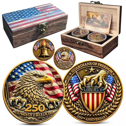 250th Anniversary USA Commemorative Coin Set with Wooden Gift Box, Patriotic Eagle & Liberty Bell Coins, 1776–2026 Freedom Keepsake, Veteran Gift, 250 Anniversary America Merchandise