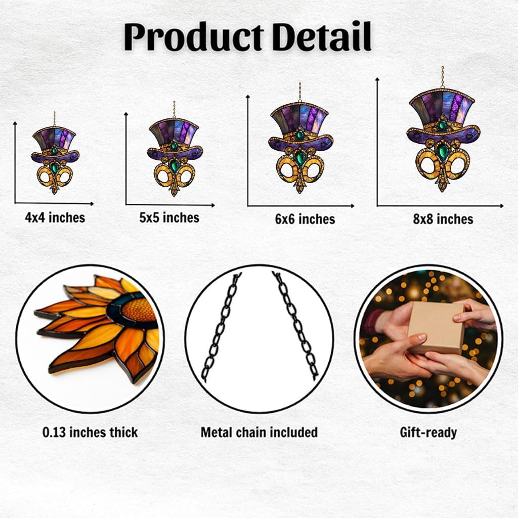 Mardi Grass Purple Top Hat Acrylic Suncatcher Stained Glass Effect Window Car Hanging Christmas Ornament Indoor Outdoor Decor Garden Sun Catcher Panel for Mardi Gras Lover for Mom Women Grandma