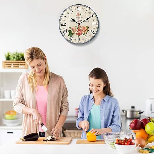 Miniatura 6 de Reloj de pared silencioso de 14 pulgadas sin tictac, números romanos, relojes de flores retro, reloj de pared redondo de madera, funciona con pilas,