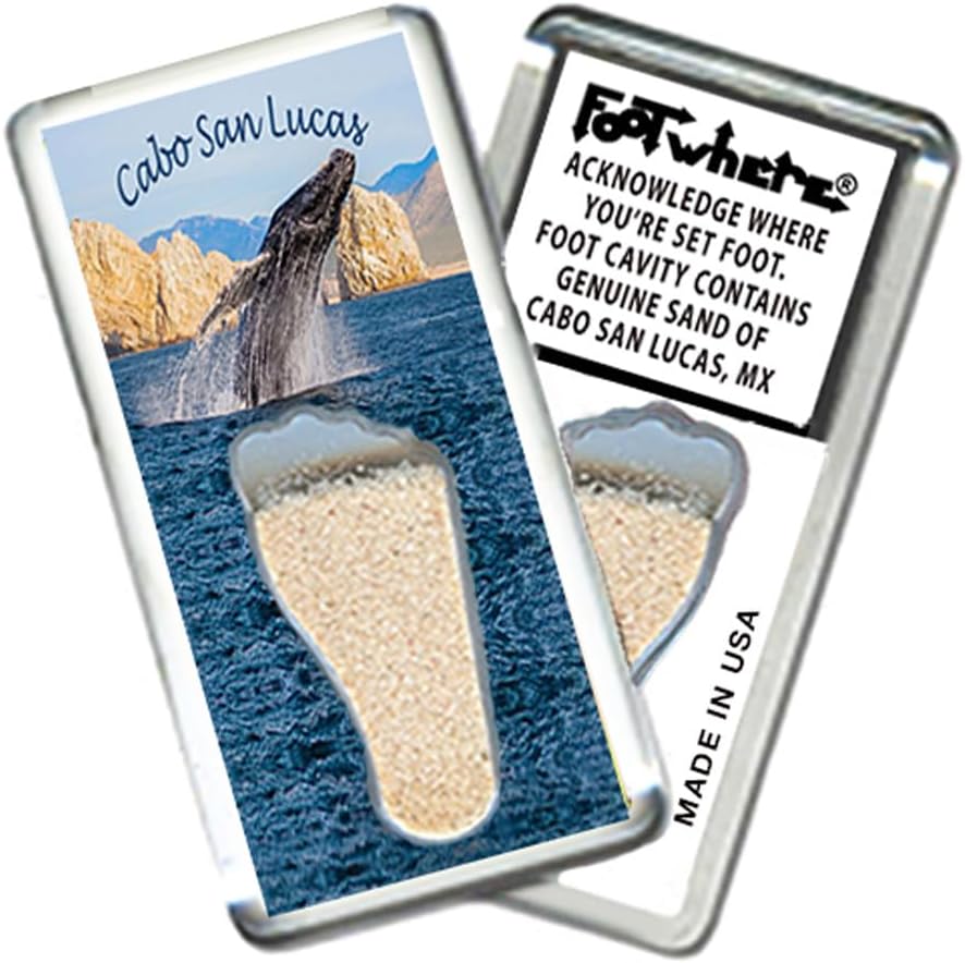 Cabo San Lucas Souvenir Magnet. (CSL205 - Whale Watch) Authentic Destination Souvenir acknowledging Where You've Set Foot. Genuine Sand of Cabo San Lucas, Mexico Inside Foot Cavity. Made in USA.