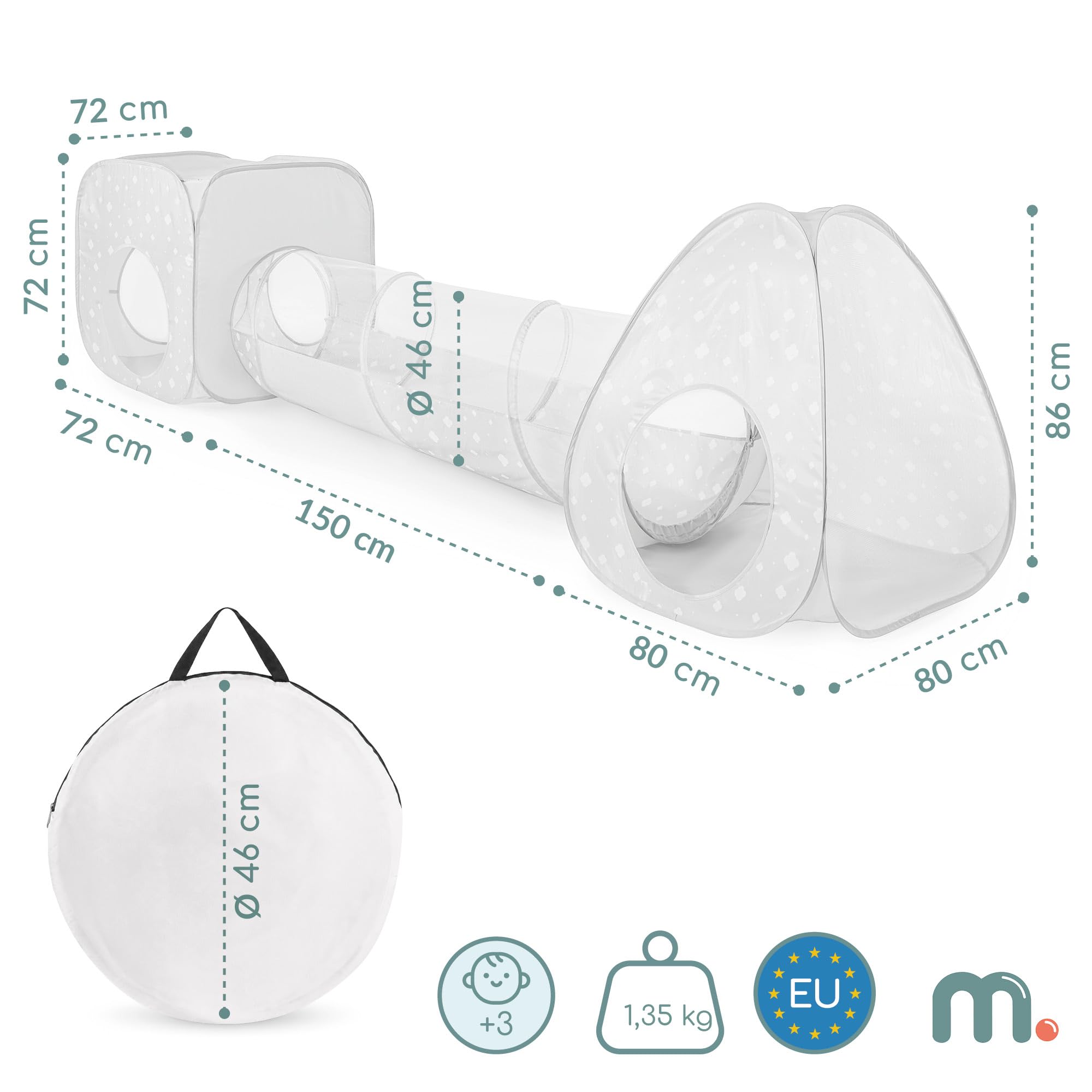 mamabrum 3-in-1 Spielzelt Set für Kinder, Dreieckszelt mit Tunnel und Spielwürfel, Polyester, Grau mit weißem Muster, 80 × 80 × 86 cm, ab 36 Monaten, Indoor