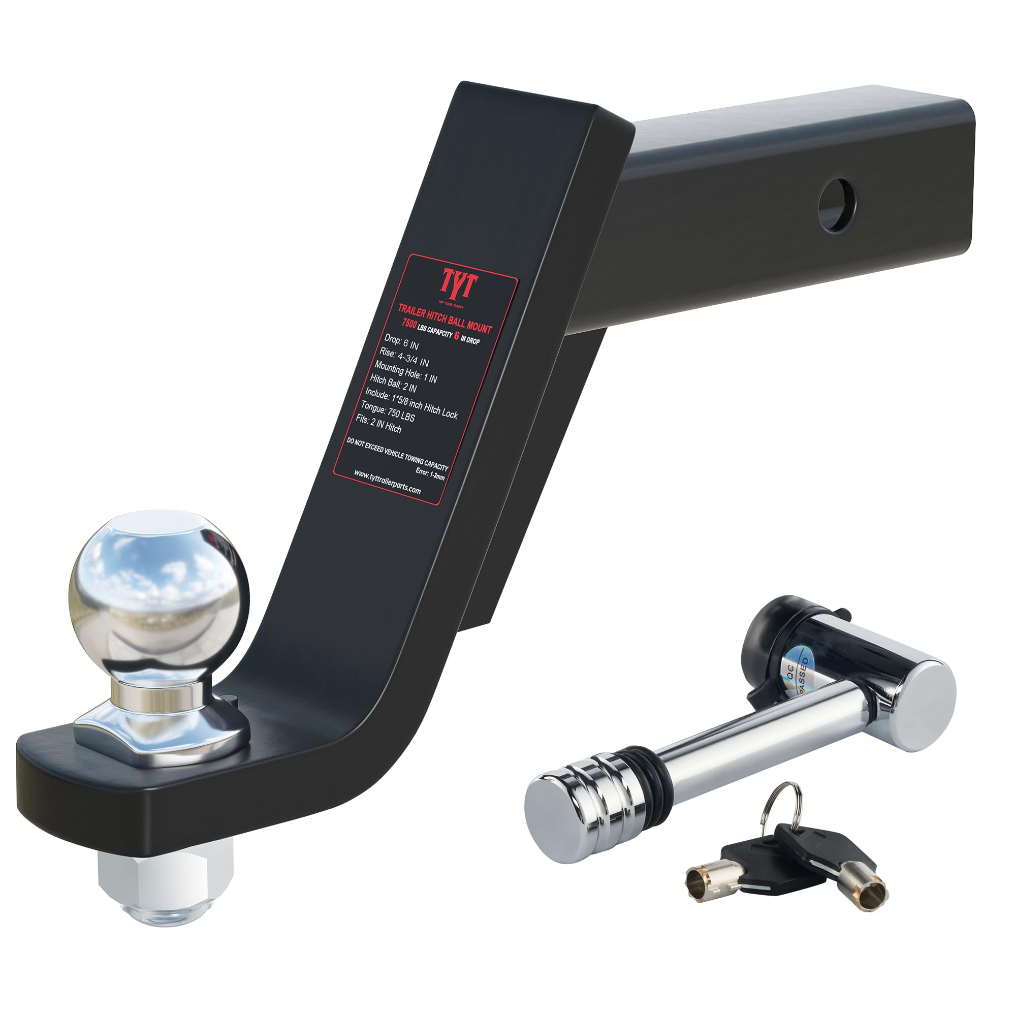 TYT Trailer Hitch Mount with 2" Chrome Ball&amp;Lock, Fits 2-in Receiver, 7,500 lbs (6-Inch Drop)