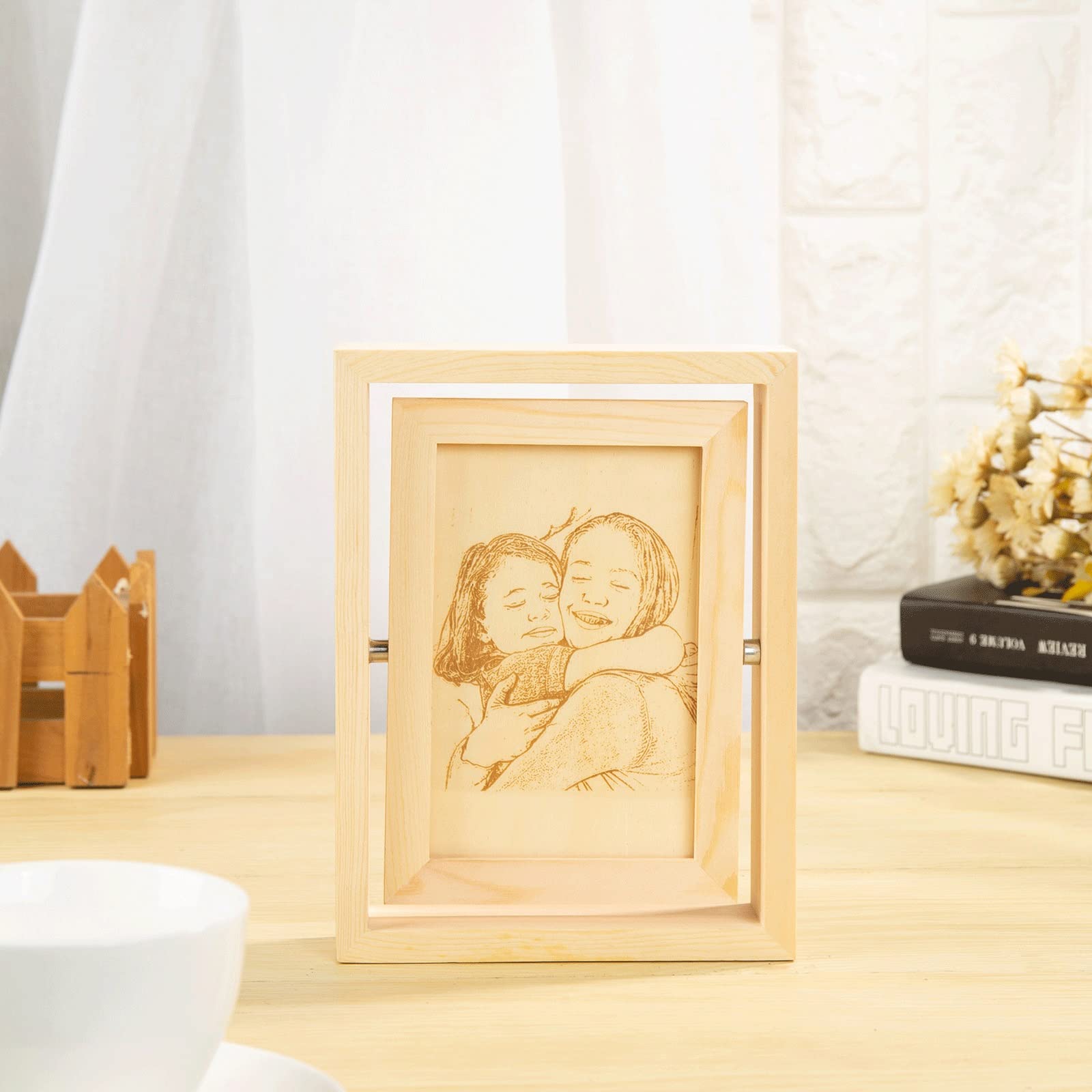 Marco de fotos de madera personalizado con efecto de boceto de 5 pulgadas, adorno de escritorio para decoración de cumpleaños de aniversario familiar (B)