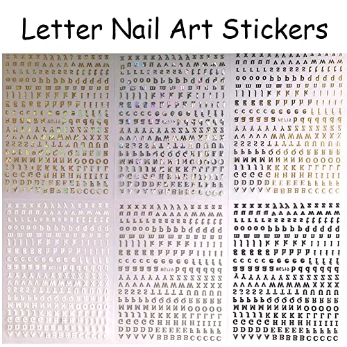 12 Sheets Letter Nail Art Stickers Decal, Nail Supplies 3D Self-Adhesive Metallic Nail Decals Holographic Laser Old English Alphabet Gold Silver Nail Art Design Sticker Manicure Decoration Accessories #TOP5