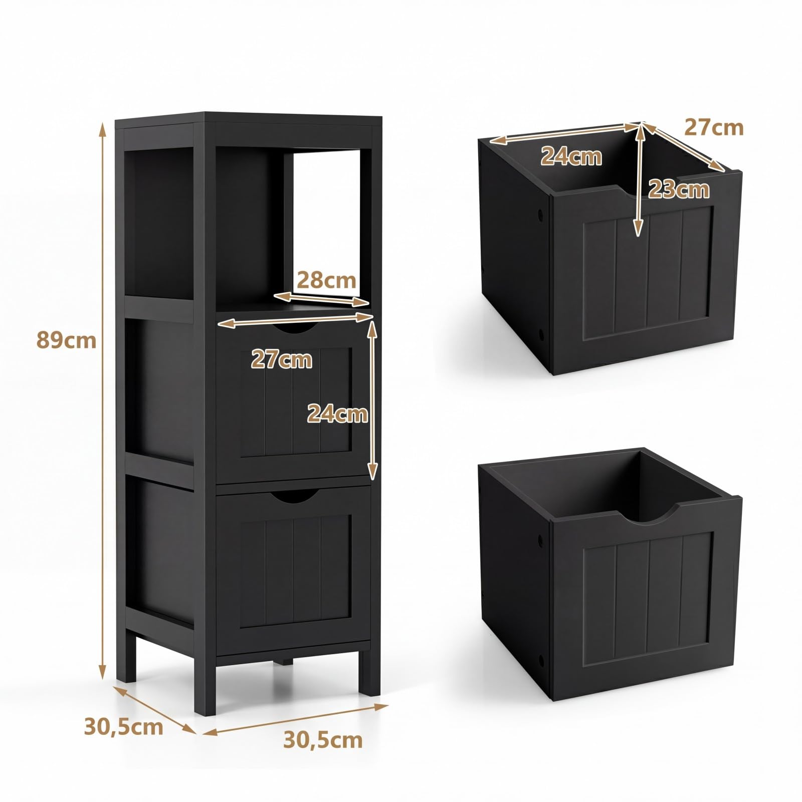 Lifezeal - Mueble de baño con 2 cajones extraíbles, armario de madera con estante abierto, 30 x 30 x 89,5 cm, color negro