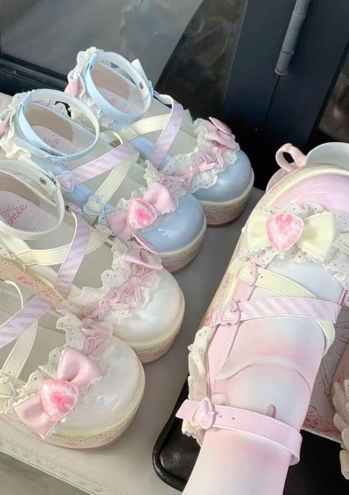 ZQW Women's Kawaii Cute Bow Strawberry Cake Lace Chunky Mary Jane Heels Round Toe Lolita Y2K Aesthetic Platform Wedge Shoes4