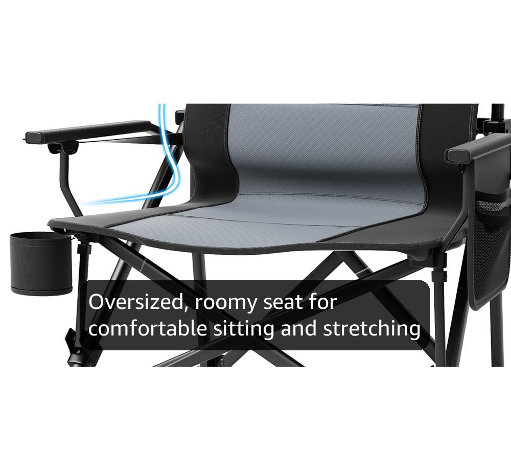 EVER ADVANCED Oversized Folding Camping Chair for Adults with Adjustable Lumbar Support, Heavy Duty Chair with Side Pockets, Portable Collapsible Quad Chair for Outside